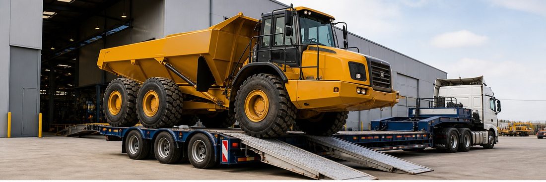 Articulated dump truck loaded onto a heavy-haul low-loader trailer outside an industrial facility