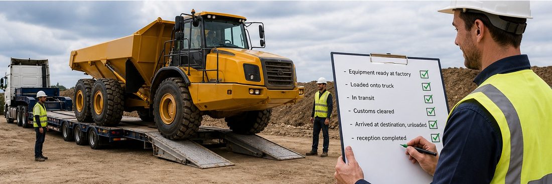 Site supervisor verifying a delivery checklist as heavy equipment arrives — equipment ready, loaded, in transit, customs cleared, delivered